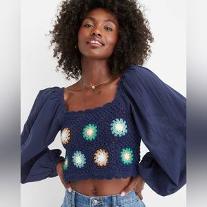 Aerie Crochet Vacay Long Sleeve Top Blue Large